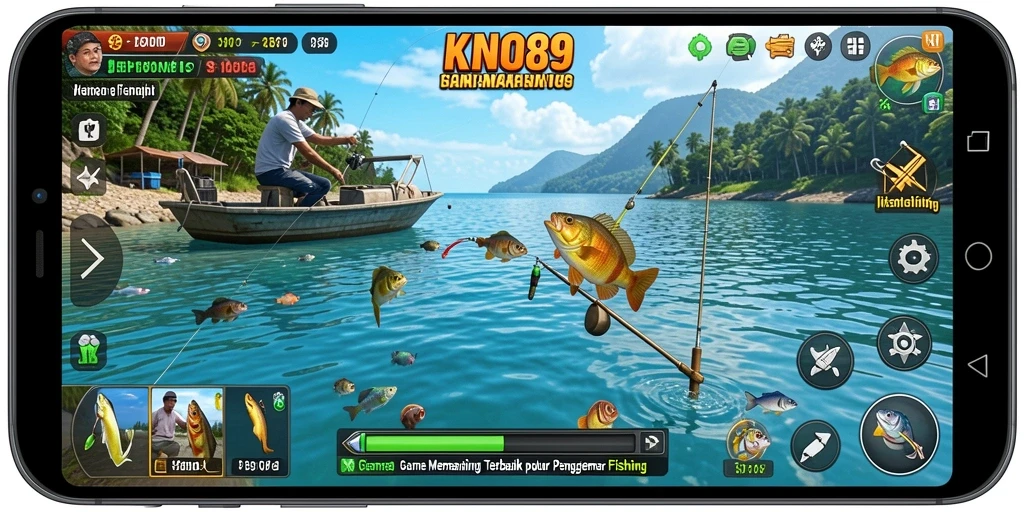 Screenshot gameplay KNO89 menampilkan keindahan pemandangan memancing.
