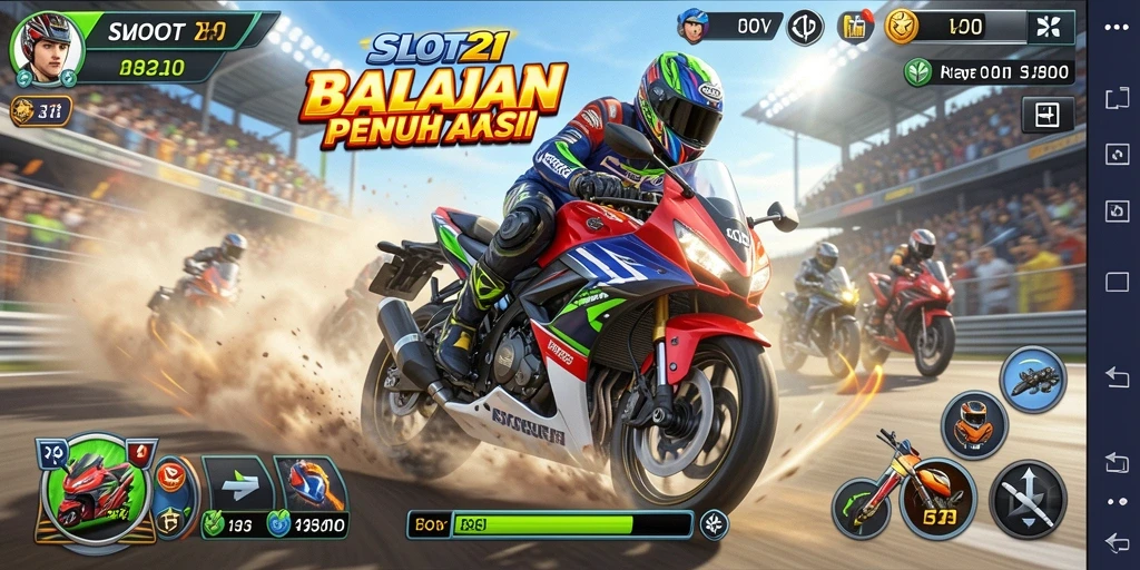 Screenshot gameplay SLOT21 menampilkan aksi balapan motor yang mendebarkan.