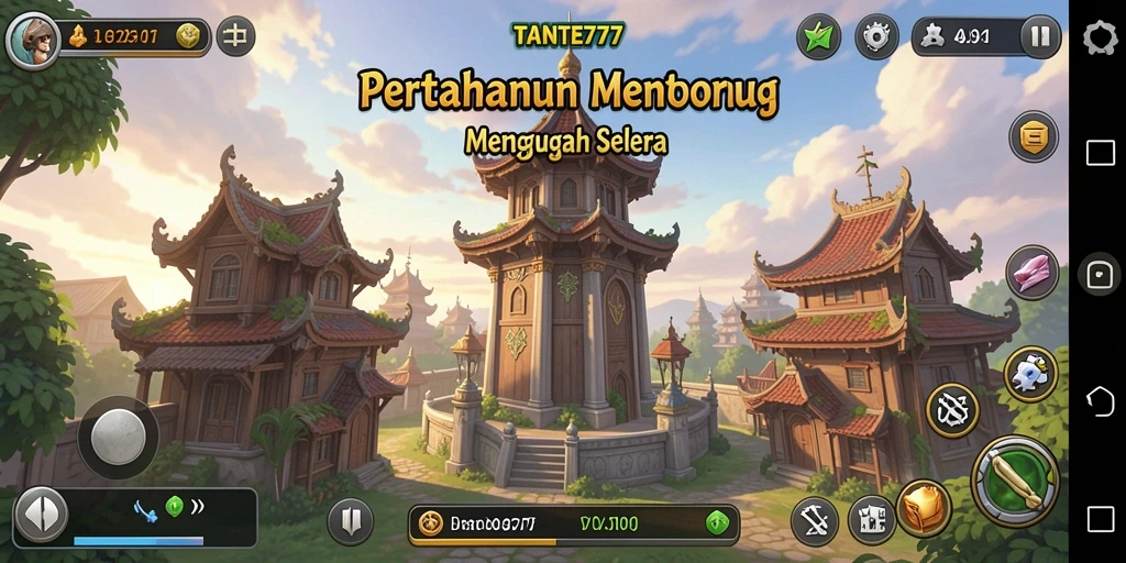 Gameplay TANTE777 dengan menara pertahanan yang stylish.